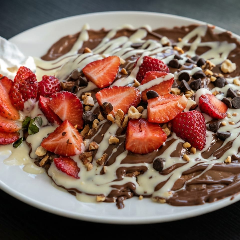 Chocolate dessert topped with sliced strawberries, whipped cream, white chocolate drizzle, chocolate chips, and chopped nuts on a plate.
