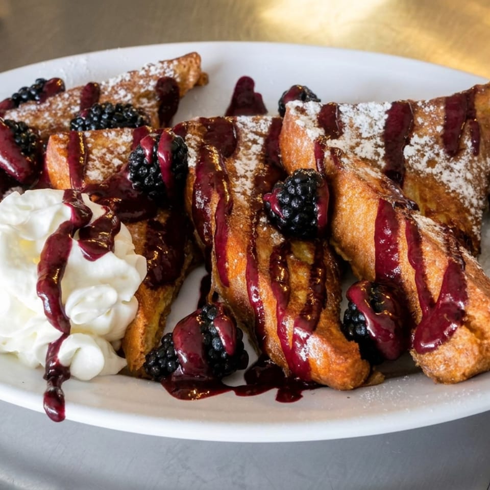 Golden French toast triangles dusted with powdered sugar, topped with blackberries, berry sauce, and whipped cream on a white plate.
