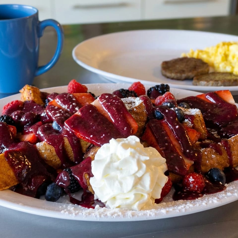 Berry-topped French toast with whipped cream sits beside scrambled eggs, sausage, and a blue mug on a restaurant table.