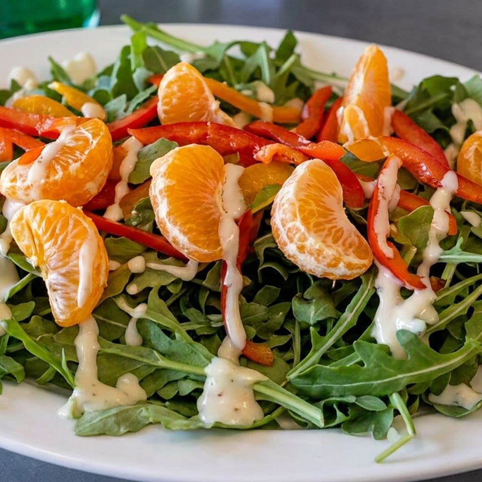 Arugula salad topped with peeled mandarin segments, sliced red peppers, vegetables, and creamy dressing on a white plate.