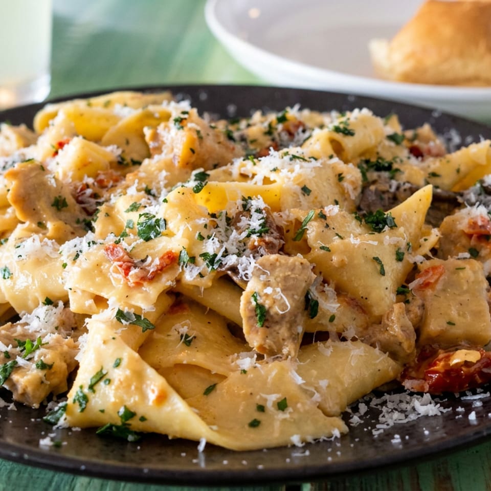 Creamy pasta with chicken, sun-dried tomatoes, herbs, and grated Parmesan served on a black plate.