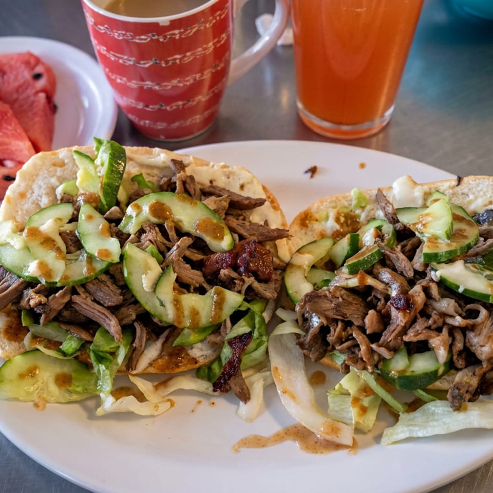 Plate of two loaded sandwiches with shredded meat, cucumber, lettuce, onion, and sauce, served with watermelon and drinks.
